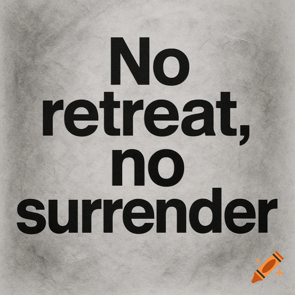 Bold black text 'No retreat, no surrender' on a textured gray background.