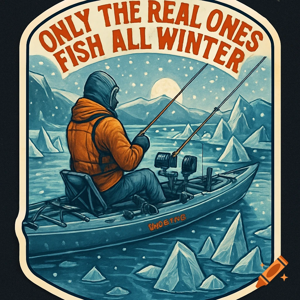 A stylized sticker illustration of a person in a kayak ice fishing in a snowy, mountainous landscape with the text "ONLY THE REAL ONES FISH ALL WINTER" above.