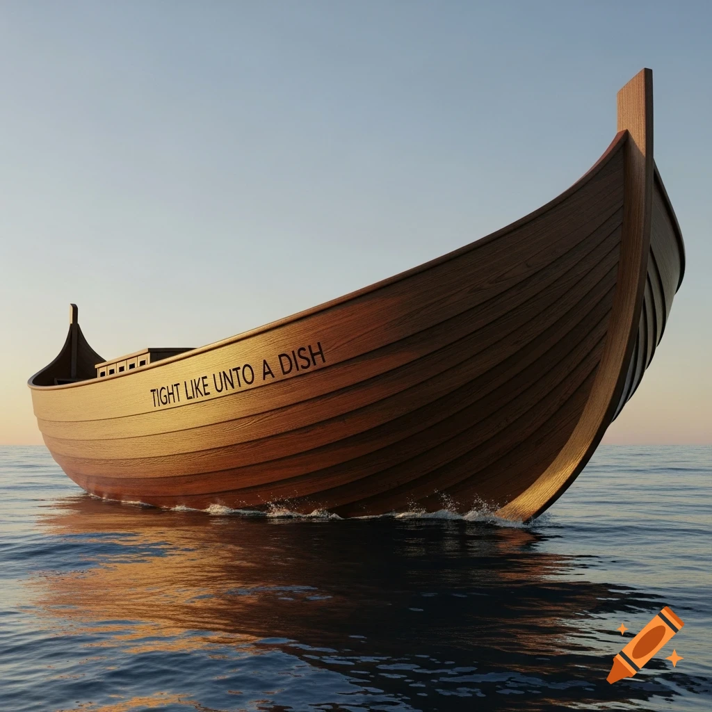 A wooden boat with the words 'TIGHT LIKE UNTO A DISH' on its side floats on calm water under a clear sky.
