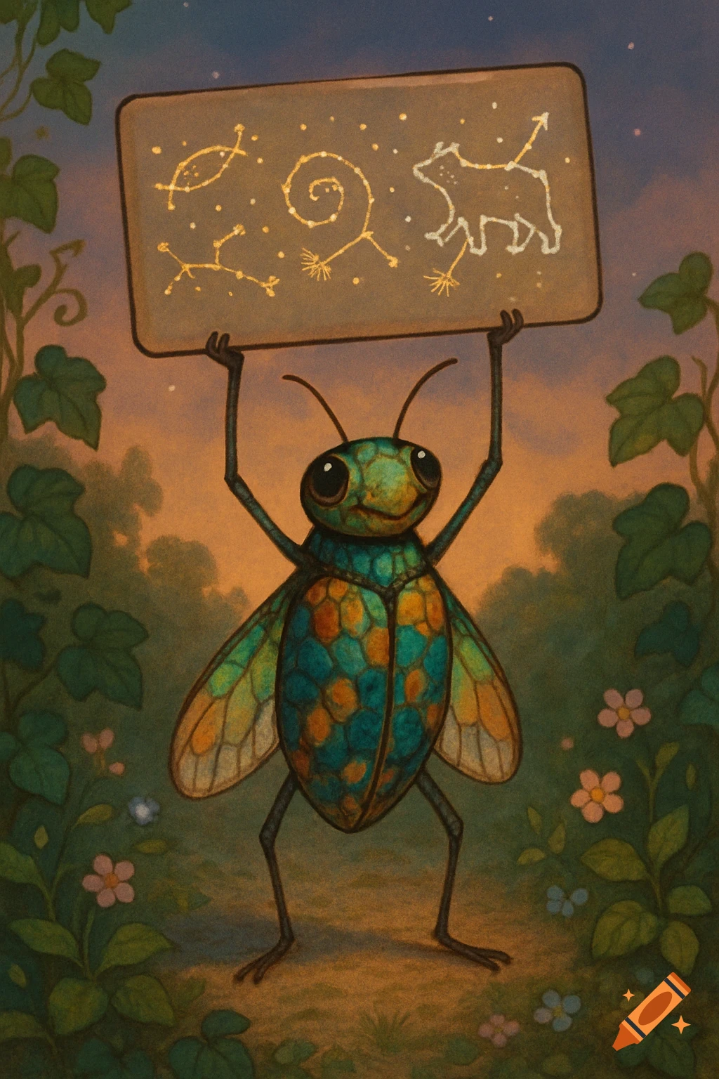 A whimsical beetle holds a sign with golden constellations (fish, spiral, bear) in a twilight forest, illustration.