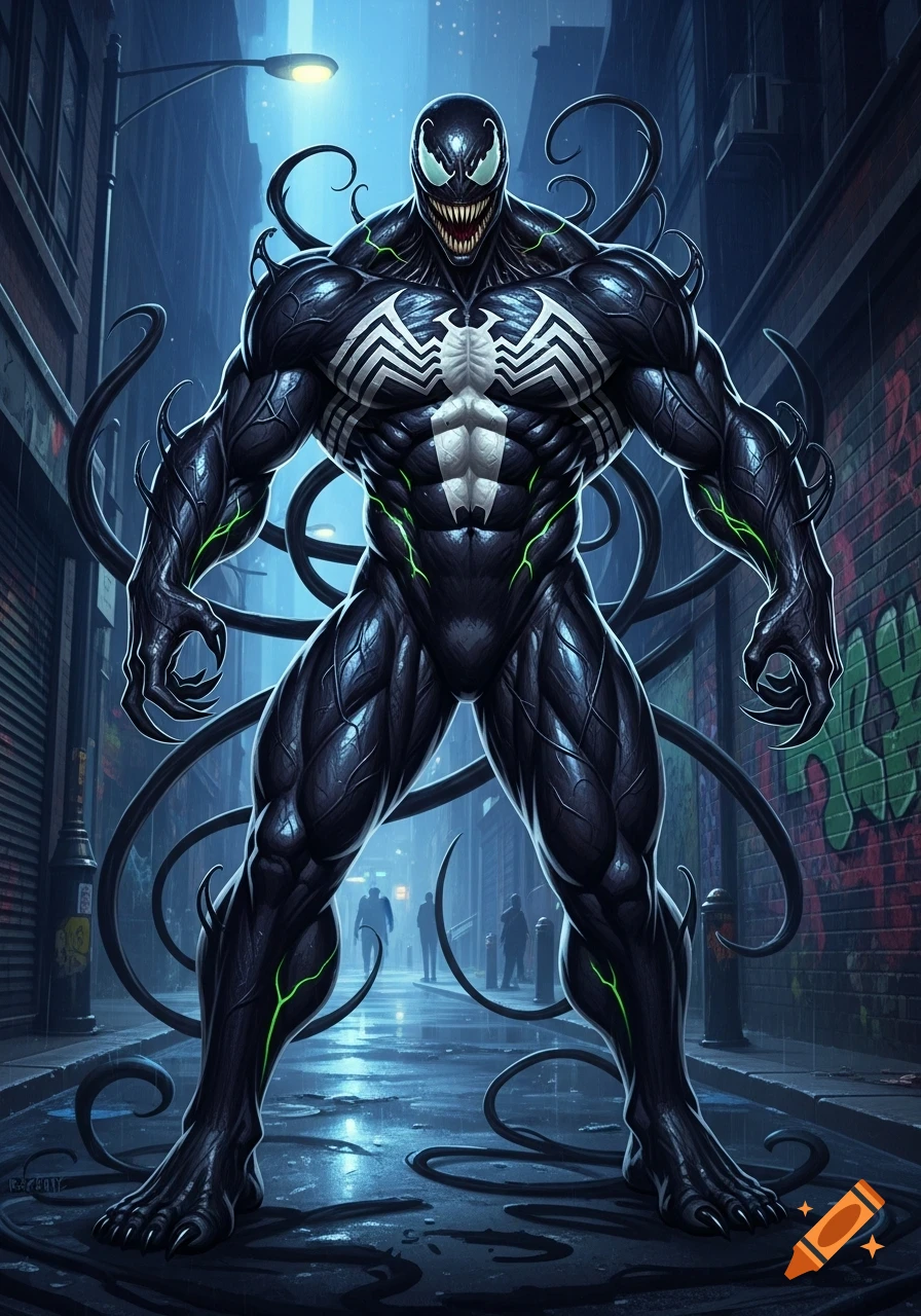 Muscular Venom in a black symbiote suit with a white spider emblem, sharp teeth, and tendrils, standing in a dark, rainy city alley.