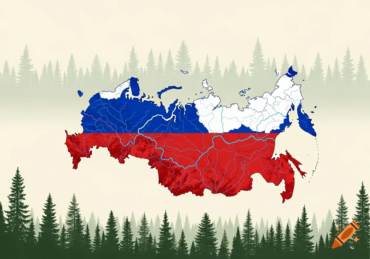 A stylized map of Russia, colored with the white, blue, and red stripes of the Russian flag, set against a backdrop of green and misty evergreen trees.