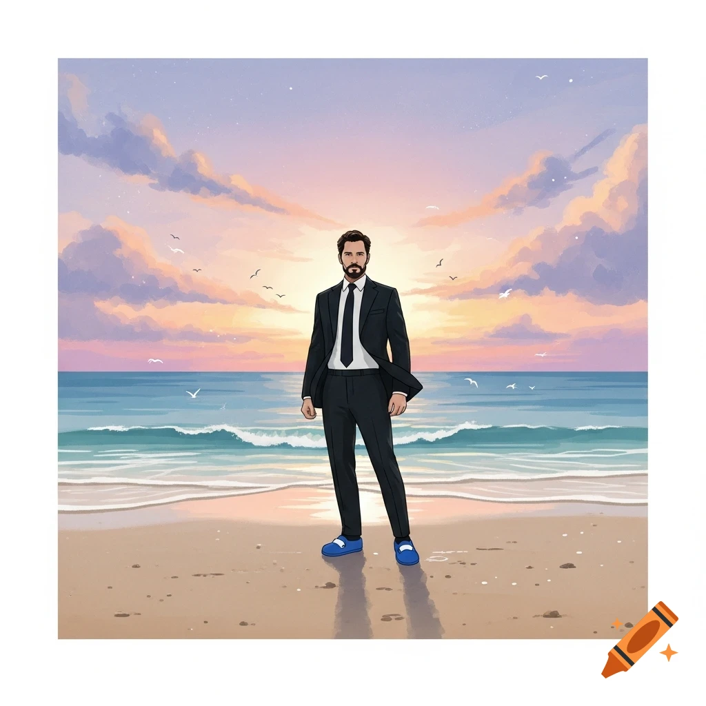 An illustrated man in a dark suit and bright blue shoes stands on a sandy beach at sunset.