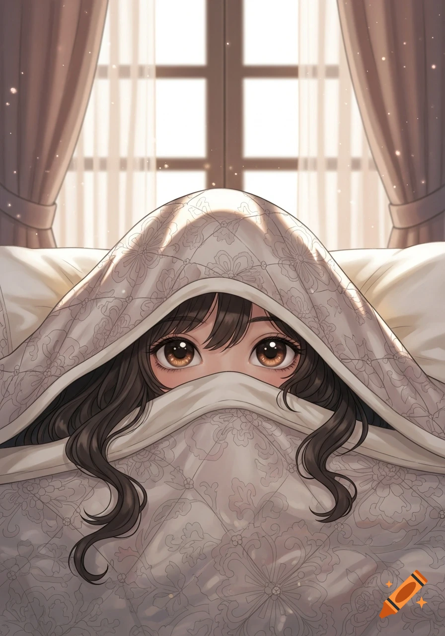 Close-up anime illustration of a girl with big brown eyes peeking from under a patterned blanket, with a sunlit window in the background.