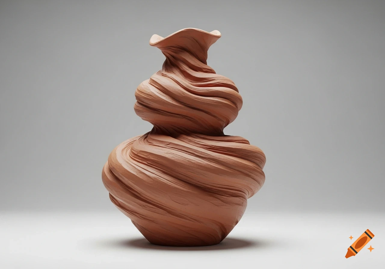 A top-heavy, lumpy, and bulging abstract clay vase sculpture with a swirling texture against a gradient background.
