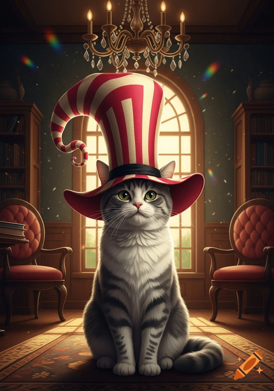 A fluffy tabby cat wearing a tall, red and white striped hat with a wide brim, sitting on a rug in a grand room with a chandelier and large windows.