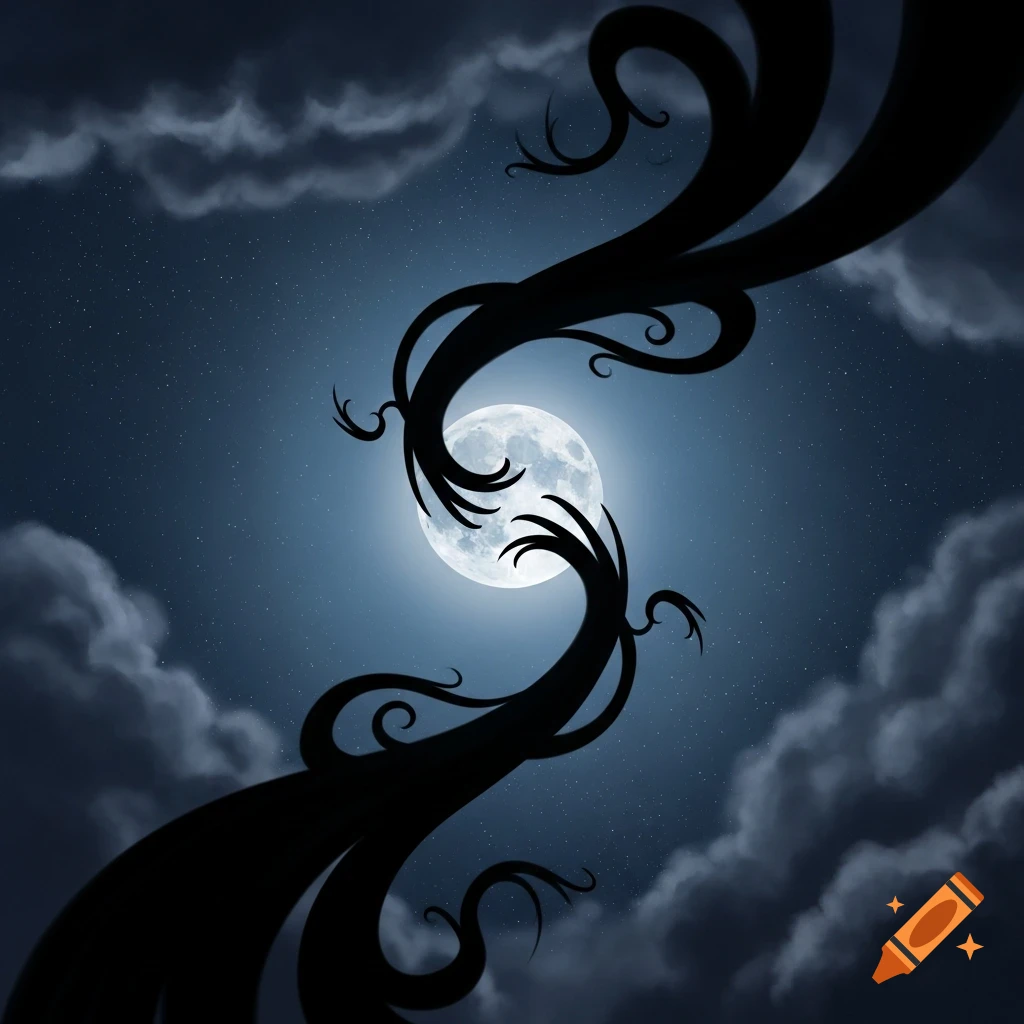 A stylized full moon in a starry night sky, framed and partially covered by swirling dark, vine-like shadows.