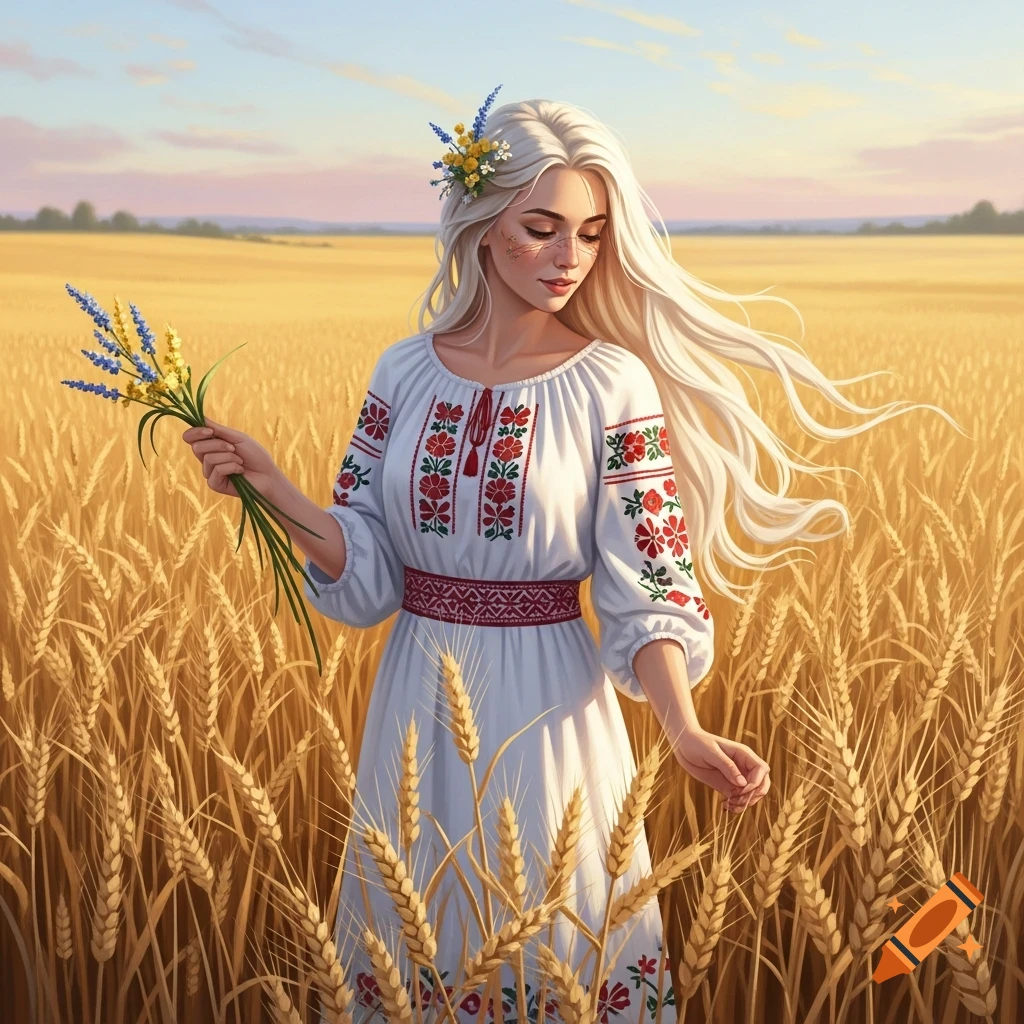 Digital painting of a blonde woman in an embroidered white dress, holding wildflowers in a golden wheat field at sunset.