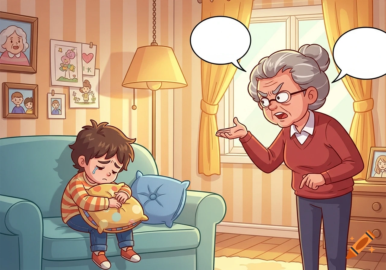 Cartoon of a sad child crying on a couch, hugging a pillow, while an angry elderly woman shouts at them in a living room.