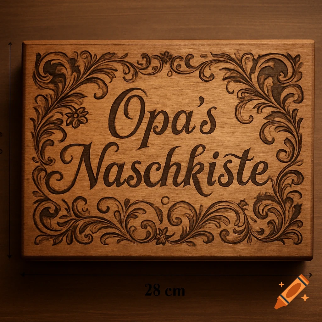 A wooden plaque with "Opa's Naschkiste" (Grandpa's Treat Box) carved in ornate script, surrounded by floral designs. Measures 28cm.