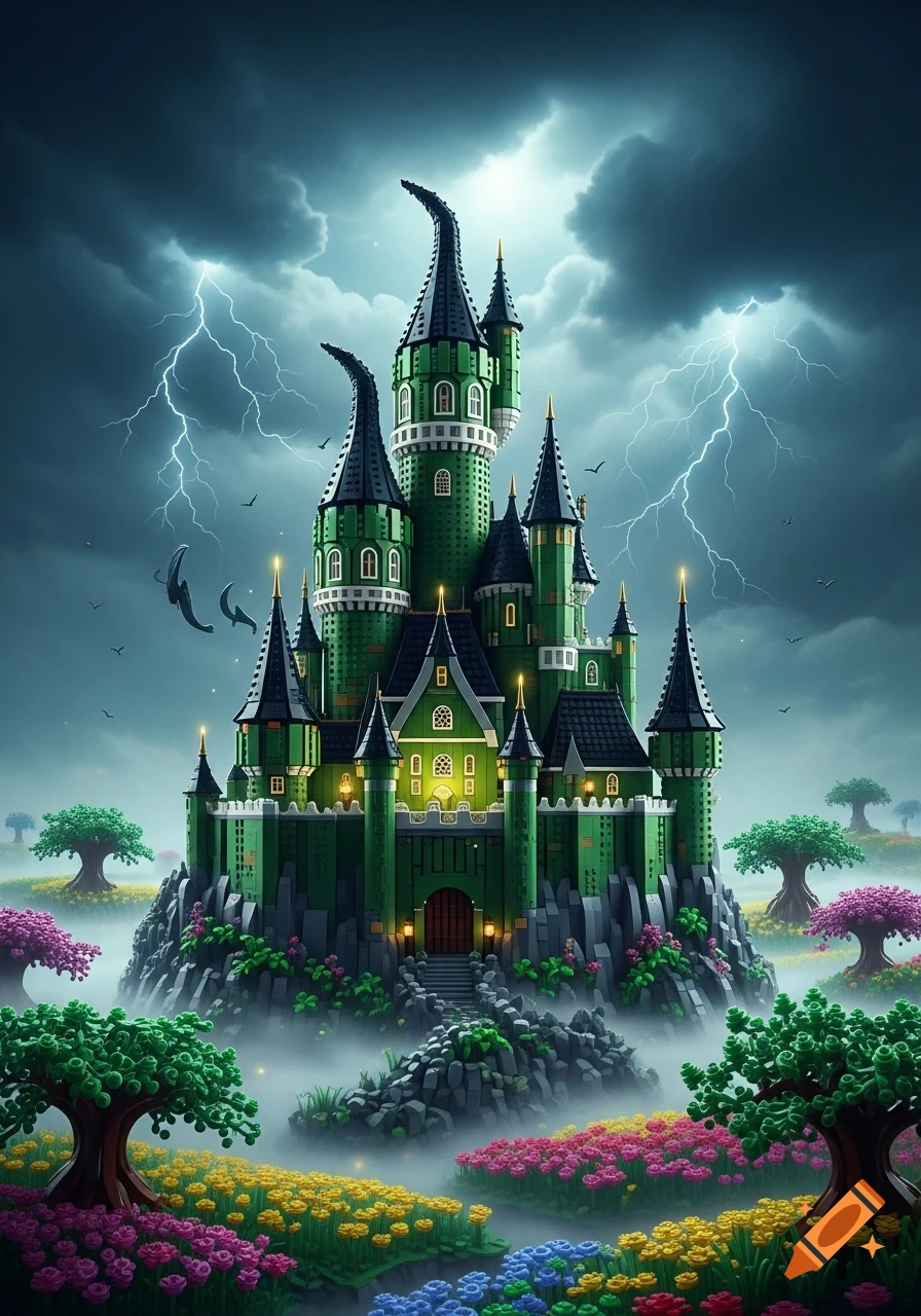 A dramatic green Lego castle with dark turrets, lightning in a stormy sky, colorful flowers and misty trees.