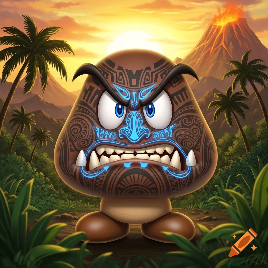 An angry, brown Goomba with blue glowing tribal face tattoos and sharp teeth stands in a tropical jungle with a fiery volcano at sunset.