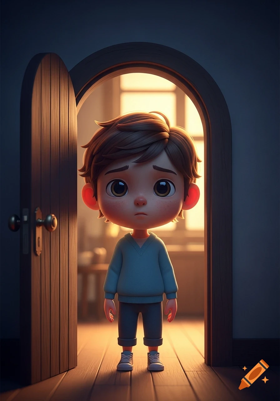 A sad-looking 3D cartoon boy stands in a doorway, bathed in warm, soft light from behind, creating a cinematic mood.