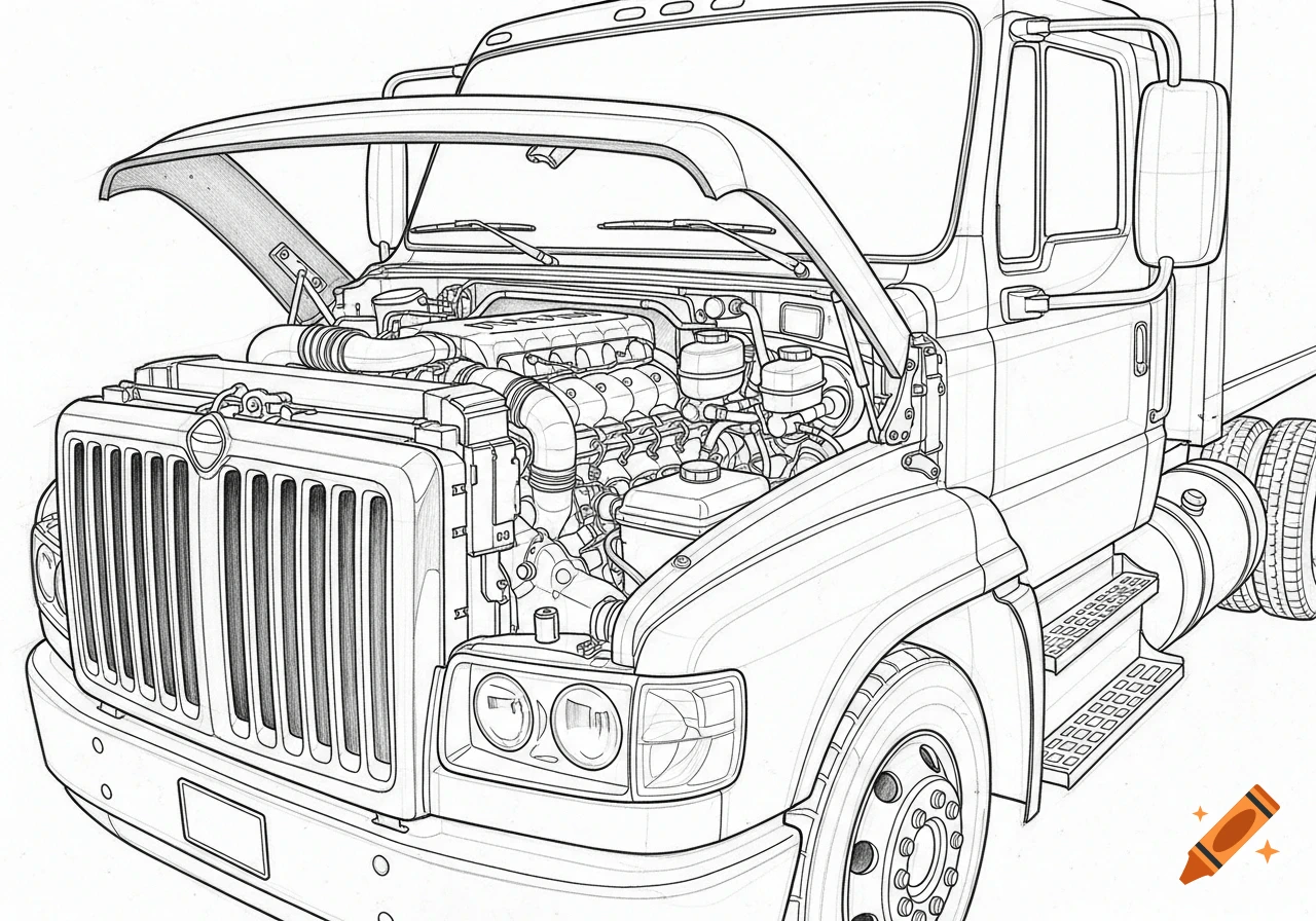 Detailed pencil outline of a truck with its hood open, revealing the intricate engine and mechanical components.