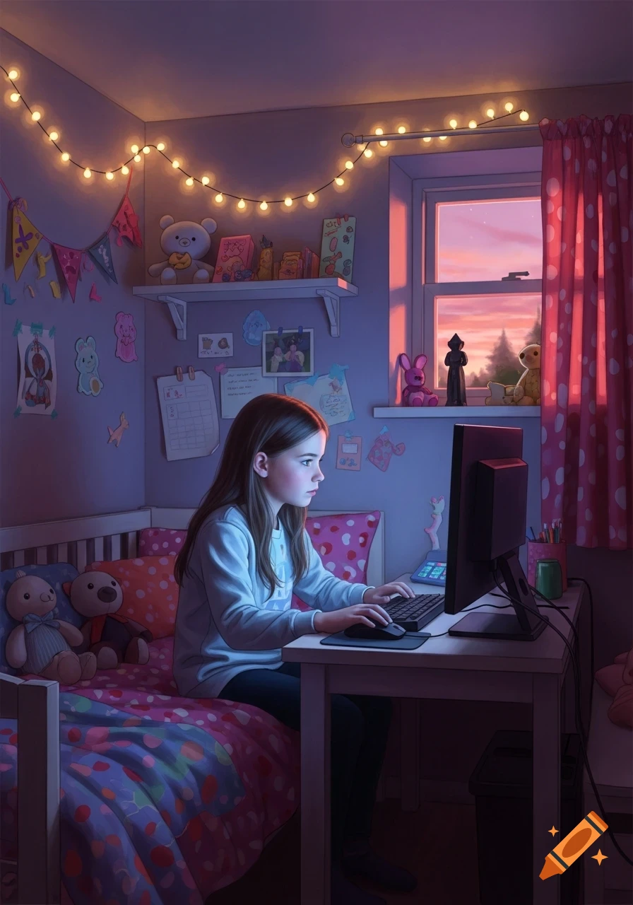 A girl with long hair sits at a desk in her colorful bedroom, lit by string lights, using a computer. Sunset visible outside. Stylized.