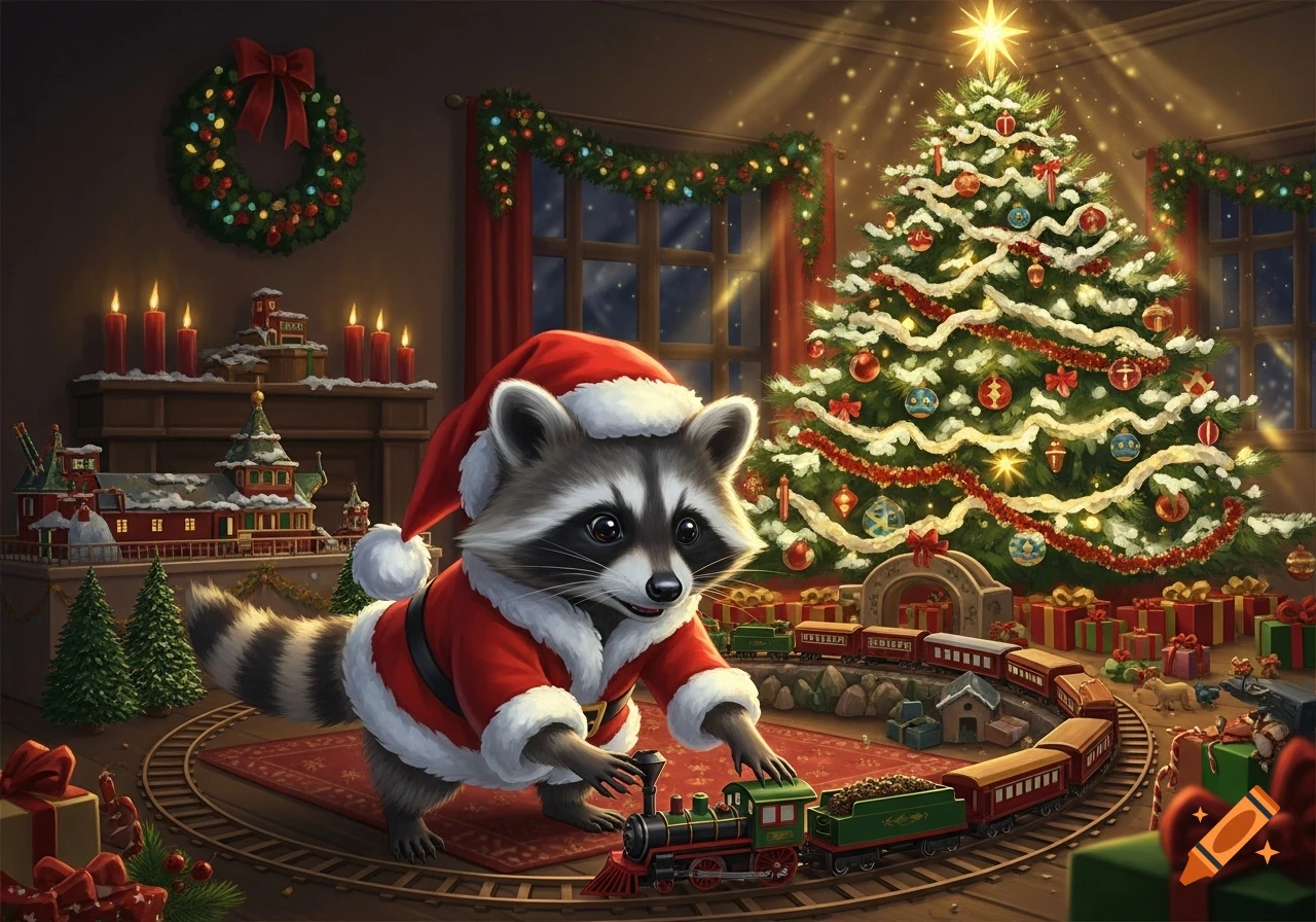 A cute raccoon in a Santa suit plays with a model train set in a cozy, festive room with a decorated Christmas tree.