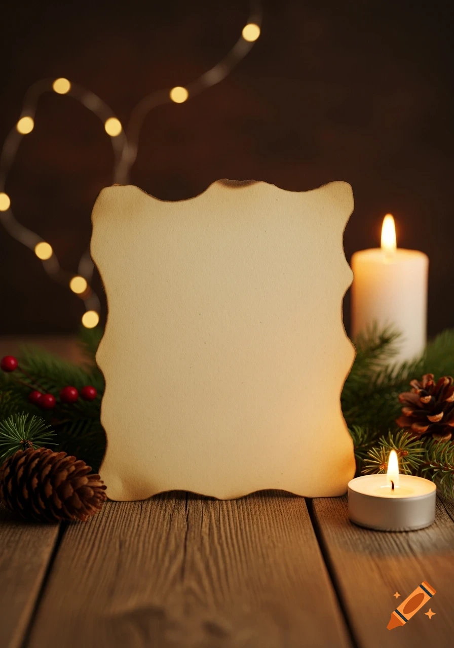 A blank, old-looking scroll with burnt edges on a rustic wooden table, surrounded by Christmas decorations, lit candles, and warm string lights.