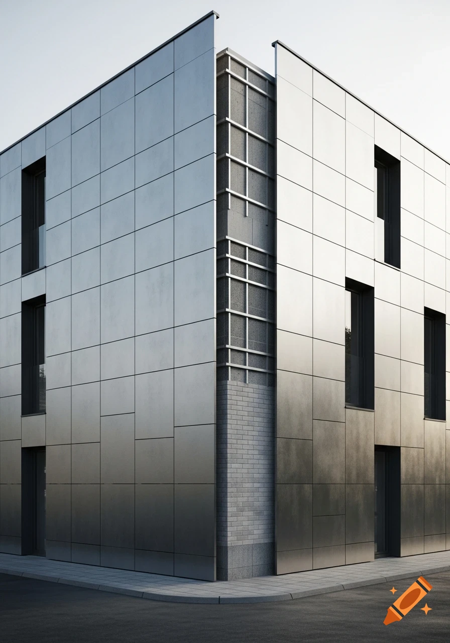 Photorealistic image of a modern building with a metallic gray ventilated facade, showing a detailed sectional cut of its construction layers.