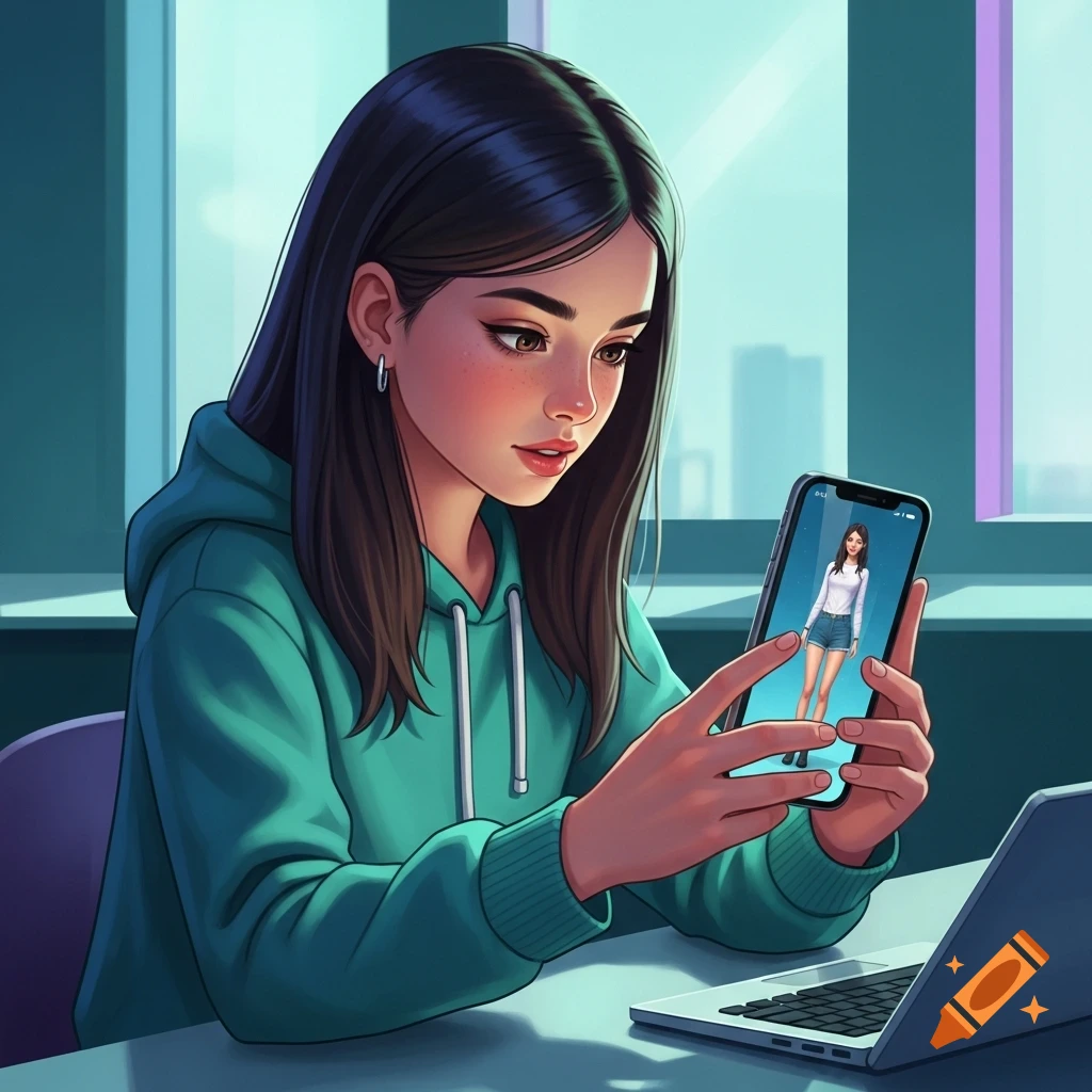 A cartoon girl in a teal hoodie looks at her smartphone, which displays a full-body image of a slender girl, with a laptop open nearby.