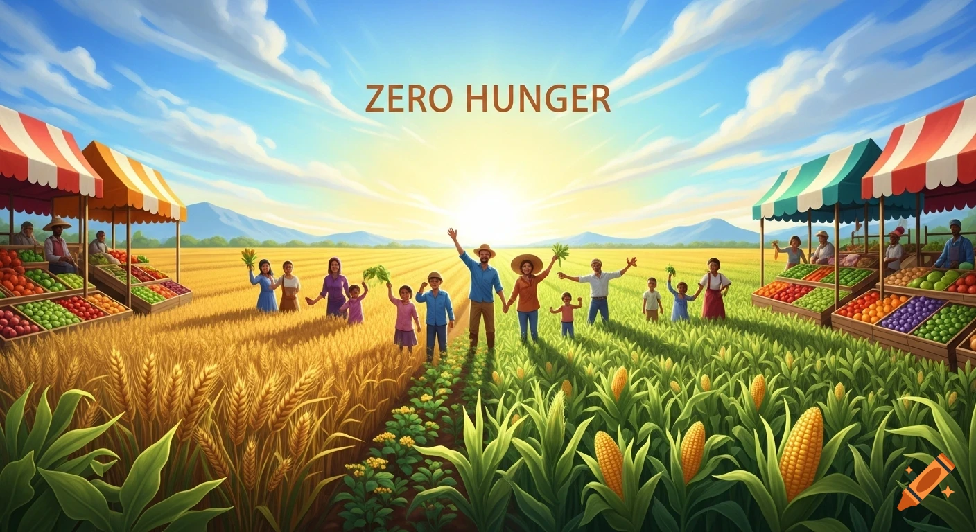 Farmers and children celebrate a bountiful harvest in sunny fields, with market stalls full of produce and "ZERO HUNGER" text in the sky. Stylized illustration.
