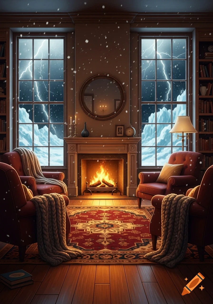 A cozy room with a roaring fireplace and armchairs, overlooking a dramatic winter storm with lightning outside the windows.