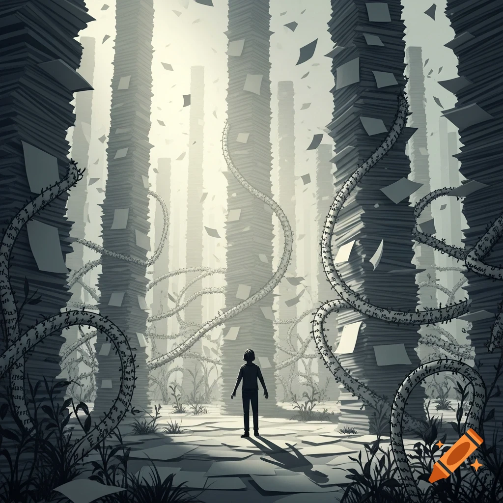 A person stands amidst towering paper stacks and thorny vines with illegible script in a monochromatic, foggy landscape.