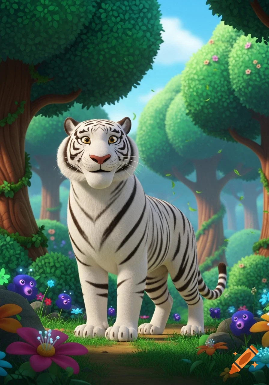 A friendly animated white tiger stands in a vibrant, lush jungle with large trees and glowing colorful flowers.