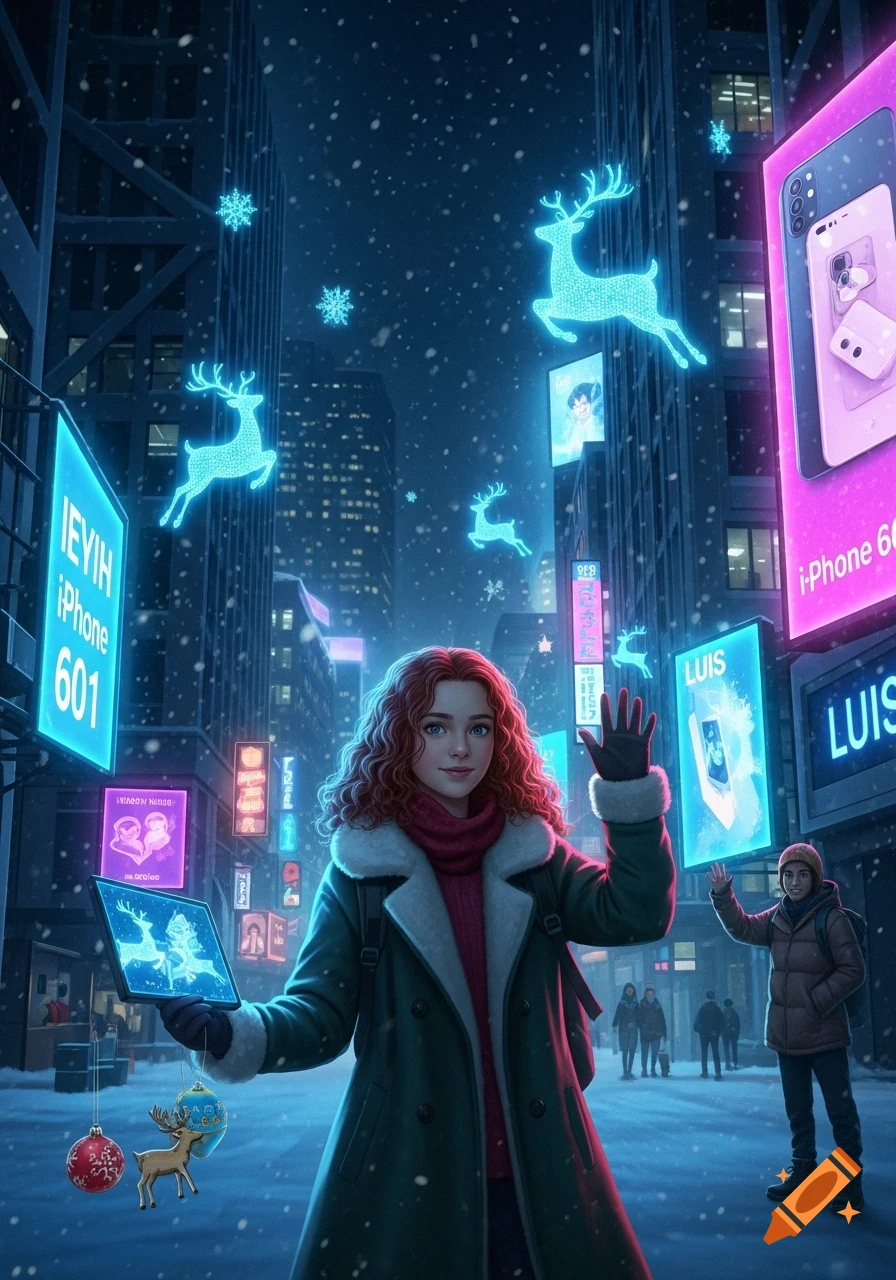 A young woman with red curly hair in a green coat stands in a snowy, futuristic city street at night, holding a glowing tablet. Neon signs and holographic reindeer light up the tall buildings around her, with snow falling. Another person waves in the background.