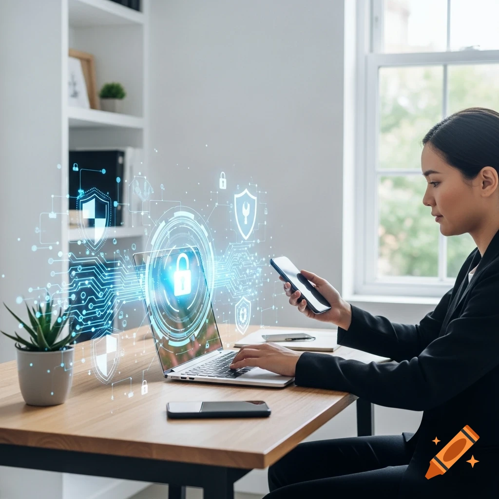 A woman works on a laptop and smartphone in a home office, surrounded by glowing digital security icons.