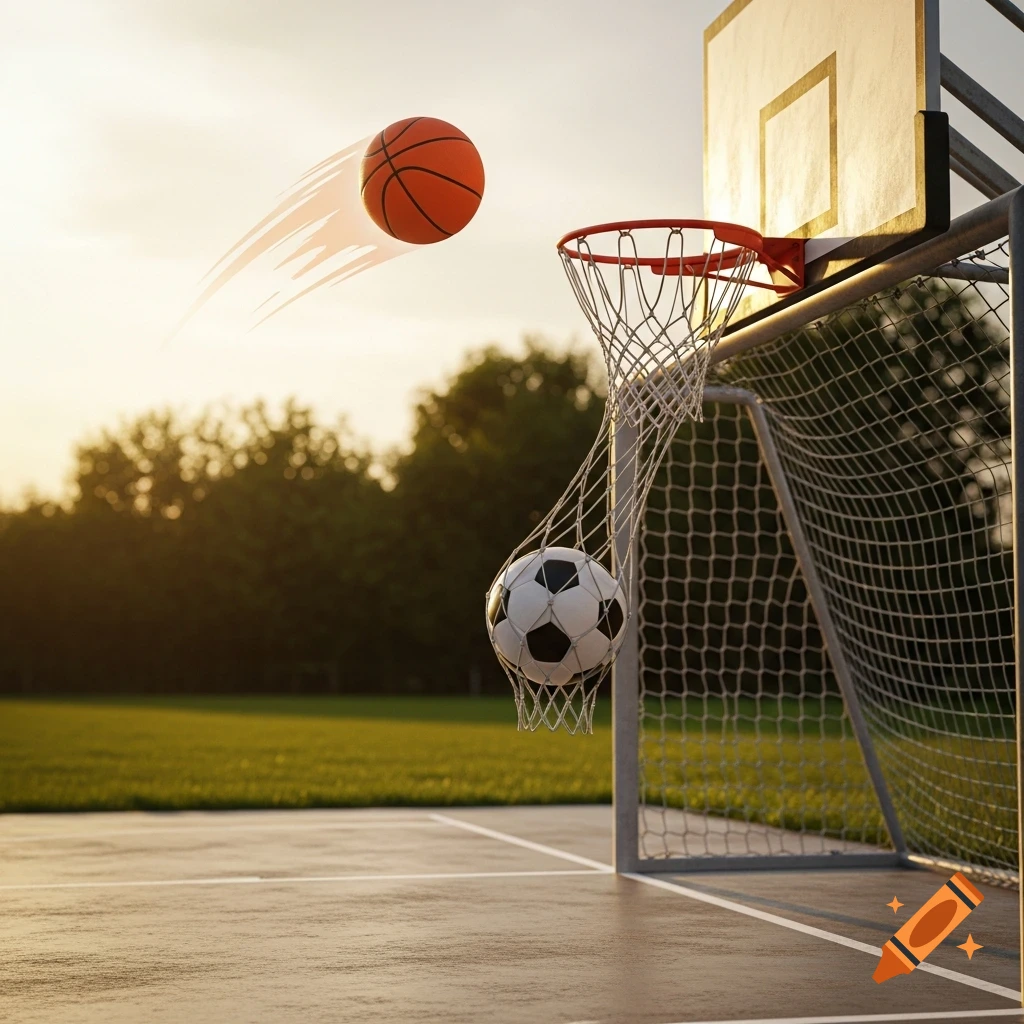 A basketball flies towards a hoop, while a soccer ball is tangled in the net of the basketball hoop, with a soccer goal in the background.