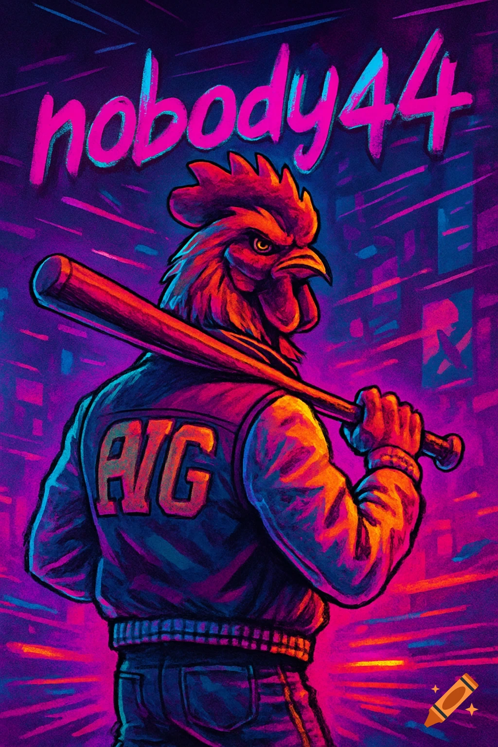 Neon stylized anthropomorphic rooster in a varsity jacket, holding a baseball bat, with 'nobody44' text and retro city background.