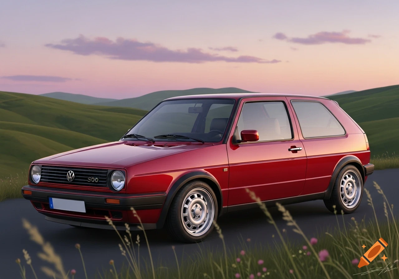 A photorealistic image of a red Volkswagen Golf 2 parked on a road with green rolling hills and a pink/purple sunset sky in the background.