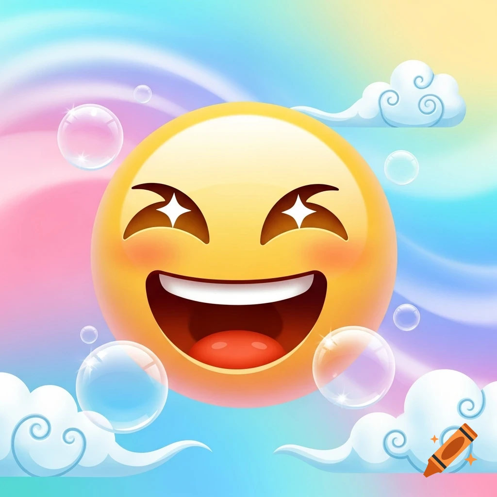 A shiny yellow laughing emoji with sparkling eyes, white teeth, and an open mouth, surrounded by bubbles and cartoon clouds on a pastel rainbow background.