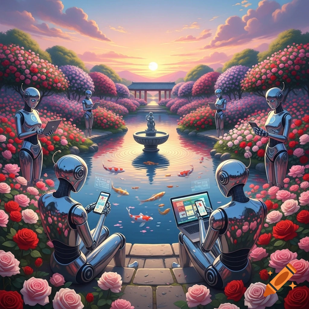 Robots sit by a koi pond in a colorful Japanese rose garden at sunset, using smartphones and laptops. Digital art.