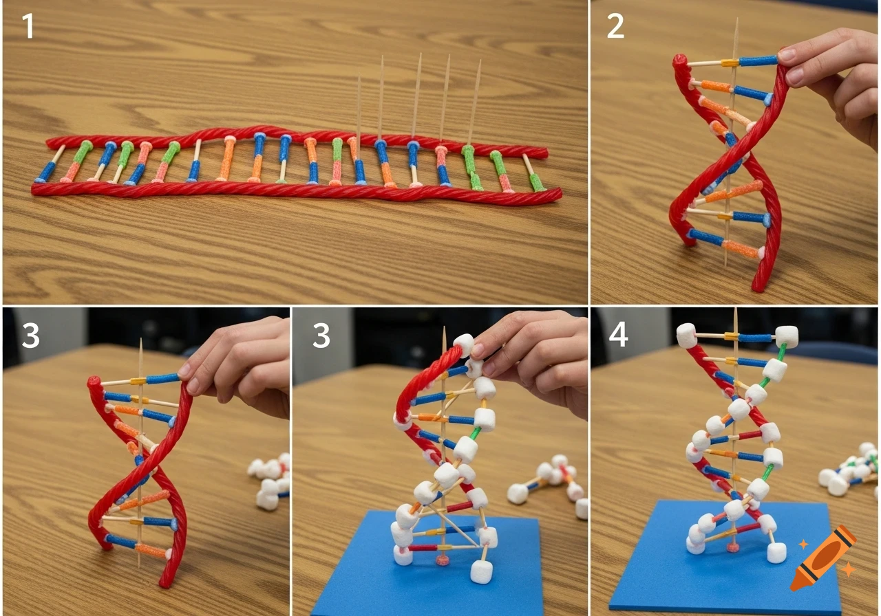 A step-by-step photo collage shows hands building a DNA model from red licorice, marshmallows, and toothpicks on a wooden table.