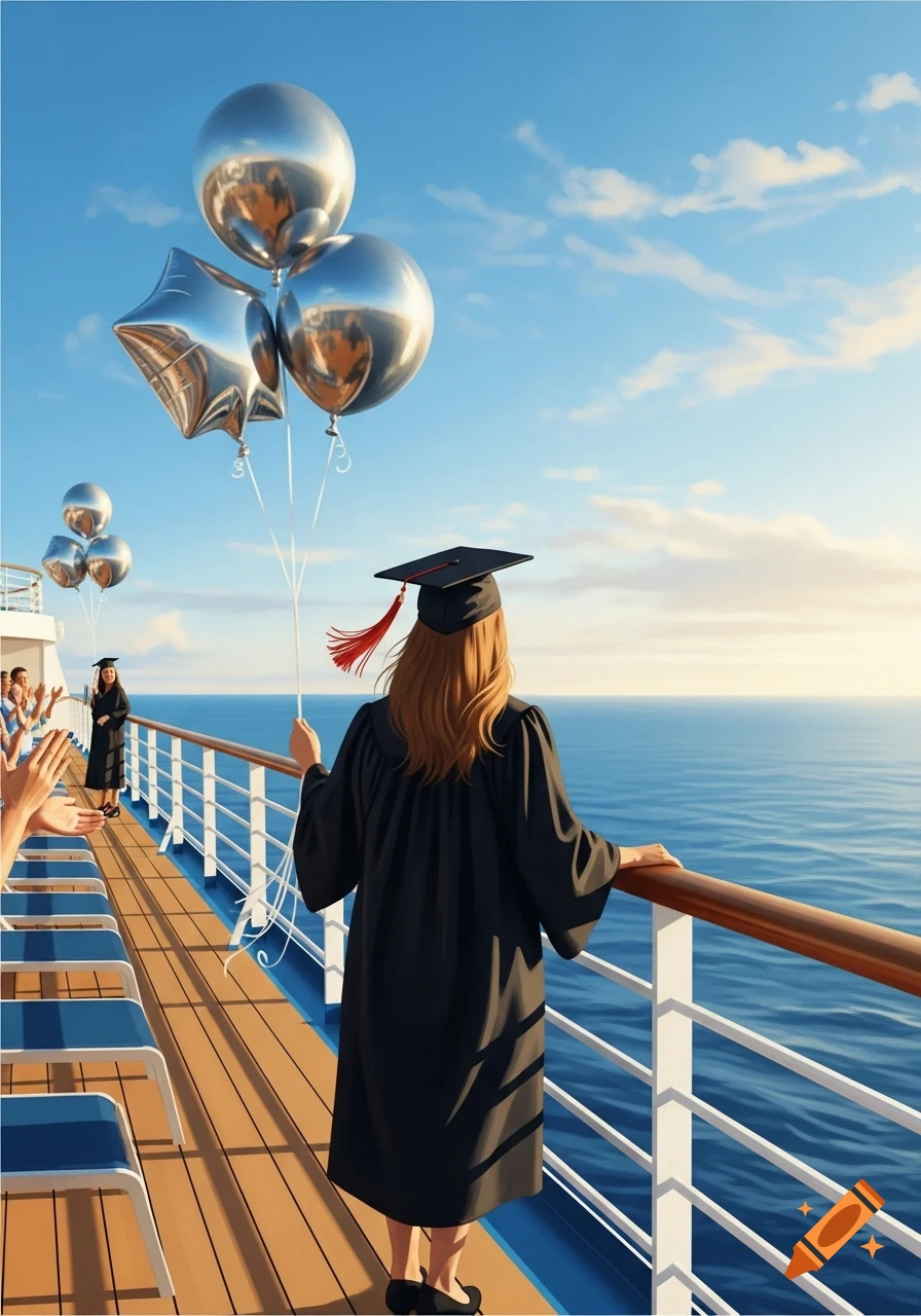 A college graduate in a cap and gown stands on a cruise ship deck, holding silver balloons and looking out at the sunny ocean.