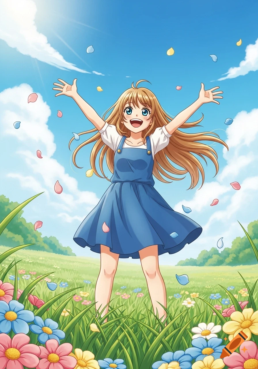A cheerful anime girl with long blonde hair, arms wide open, smiles in a sunny field with colorful flowers and falling petals.