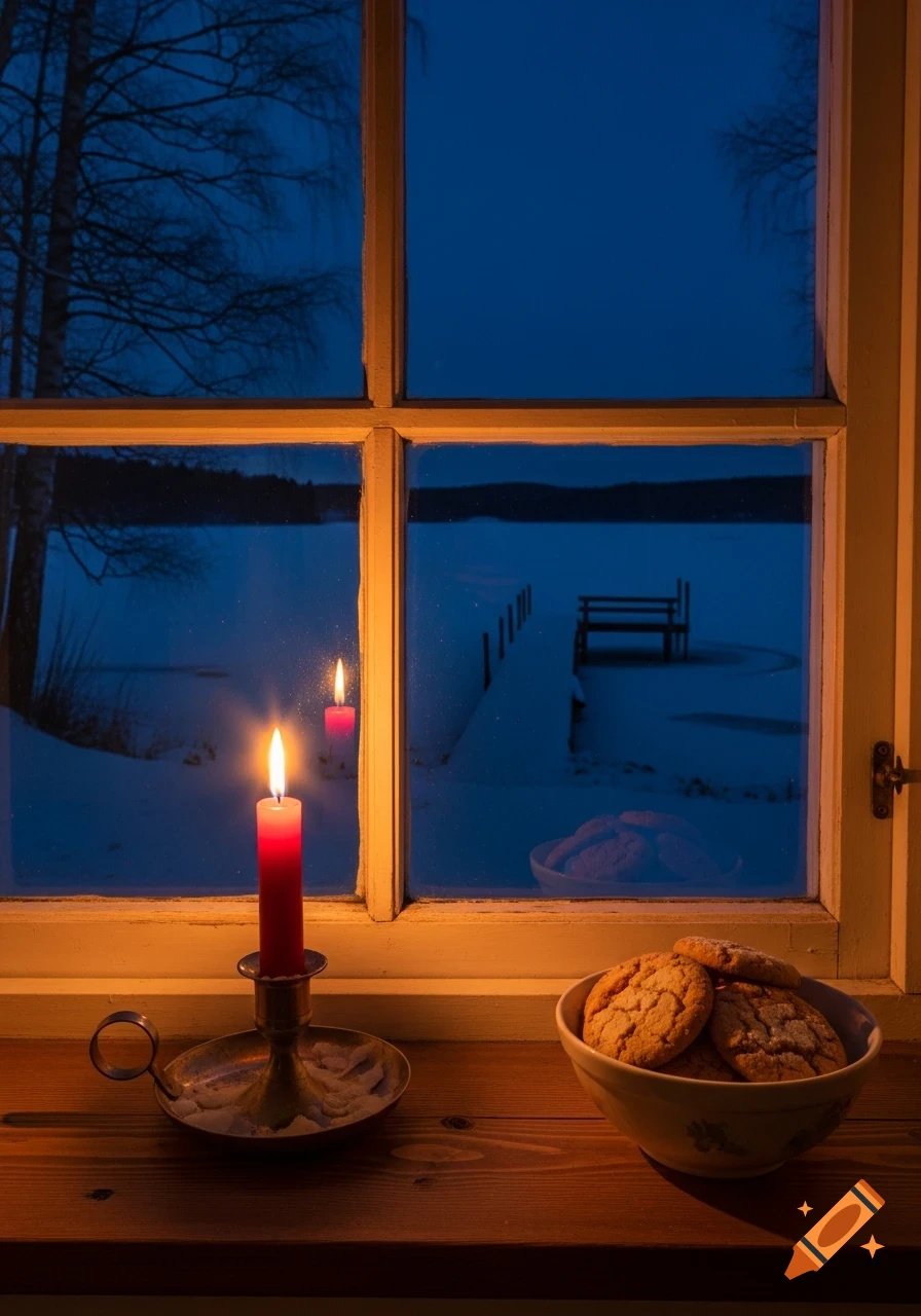 A glowing red candle and a bowl of cookies sit on a window sill, looking out at a frozen lake with a pier under a dark winter sky.