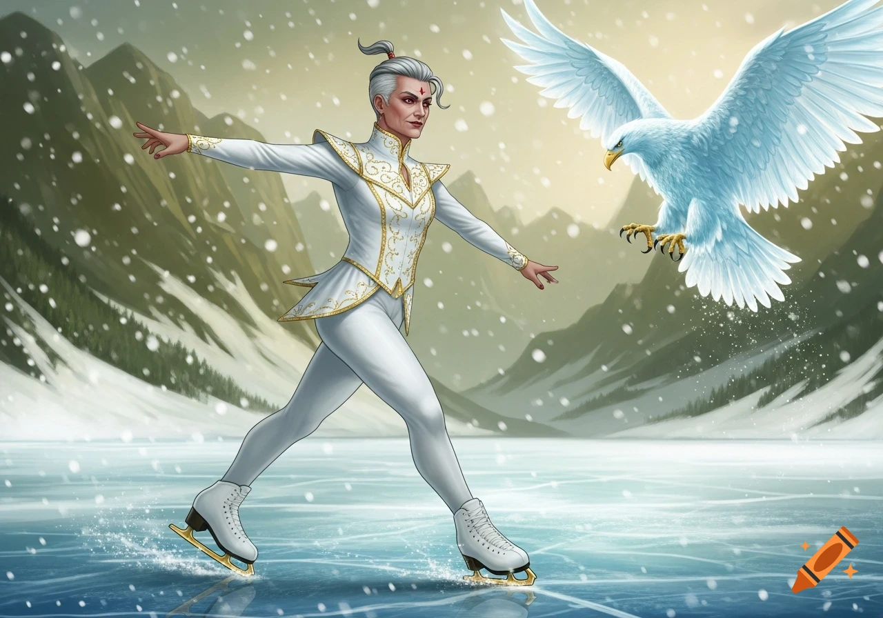 Illustrated fantasy art of a figure skater in white and gold on a frozen lake with a majestic white eagle flying overhead, snow falling.