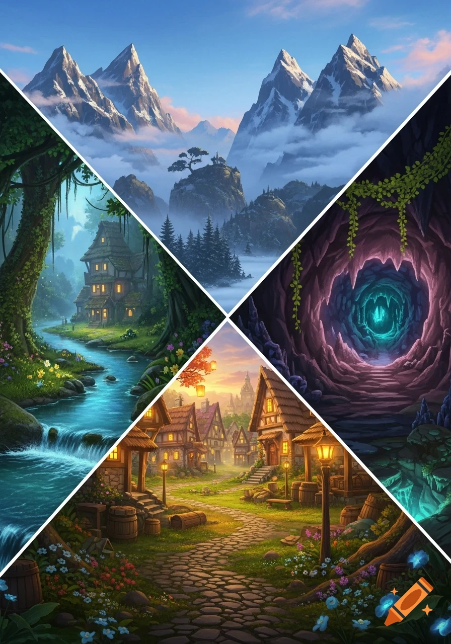 A fantasy collage split into four diagonal sections: snowy mountains, an enchanted forest with a river, a glowing cave, and a charming village at sunset.