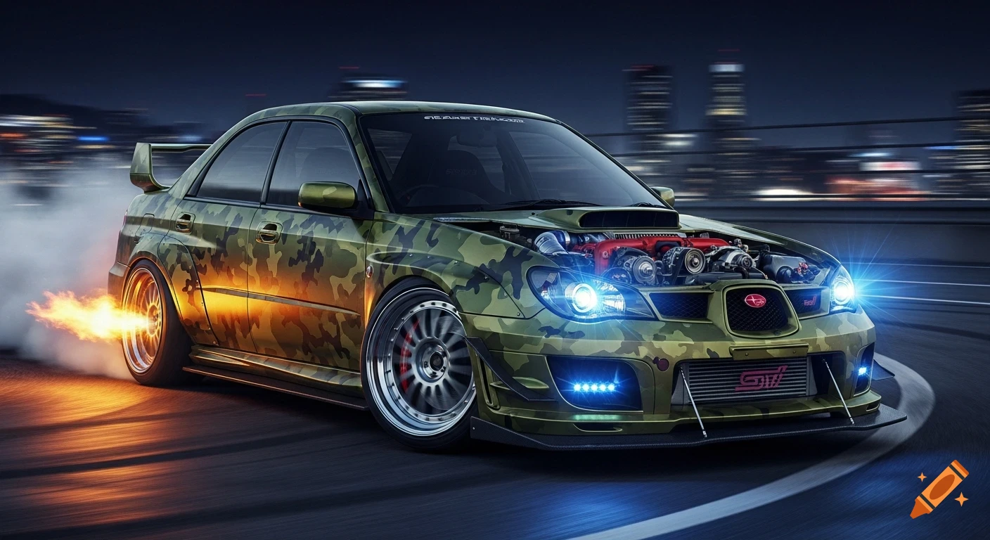 A custom camouflage green Subaru WRX STi with a wide body kit drifts at night, emitting flames from its exhaust and showing an exposed engine.