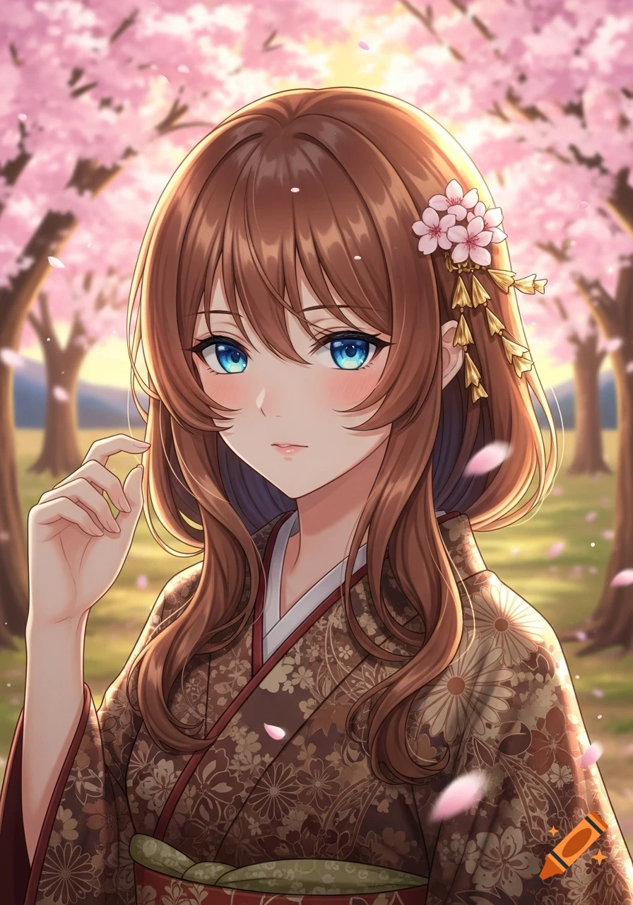 Anime girl with brown hair and blue eyes wearing a kimono, standing amidst blooming cherry blossom trees.