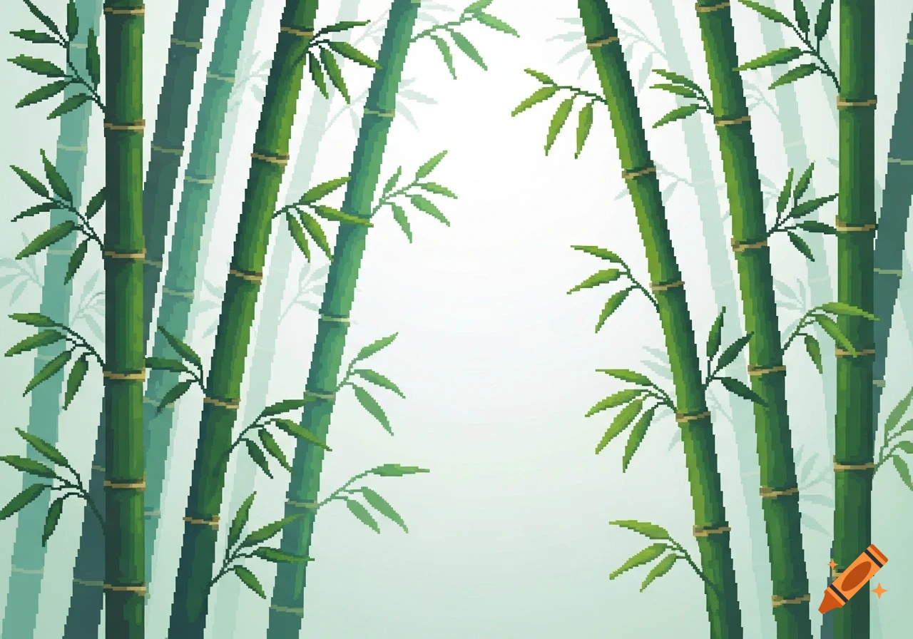 Pixel art illustration of green bamboo stalks and leaves against a light background.