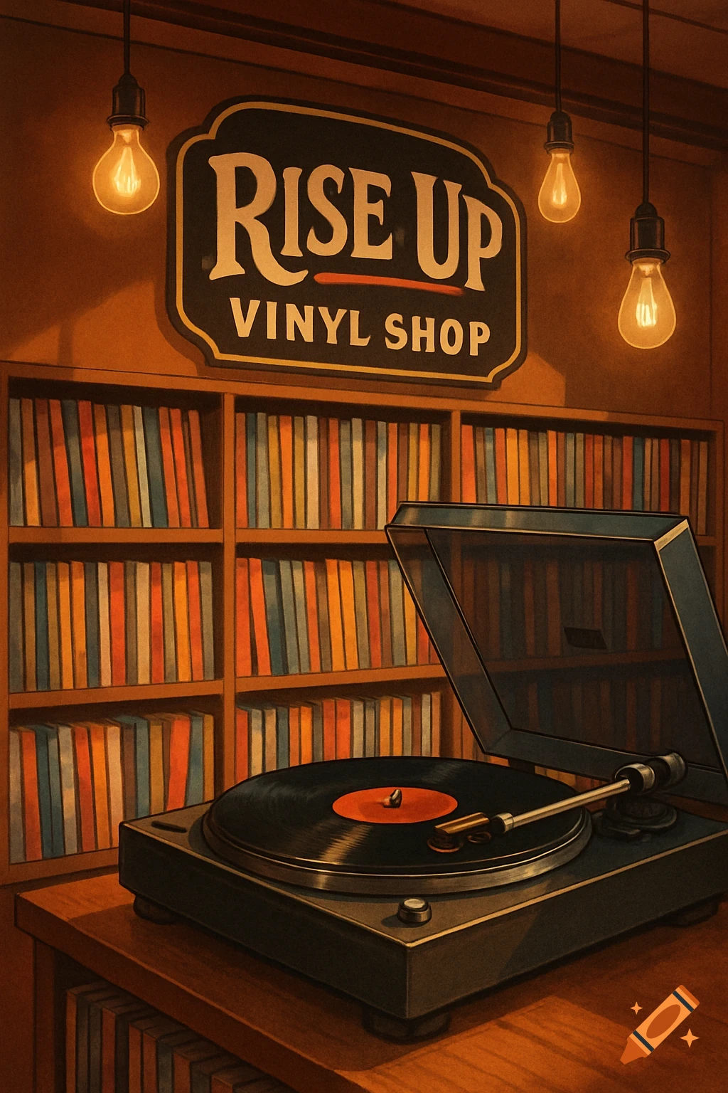 A retro-style illustration of a vinyl record shop with a turntable on a wooden counter, illuminated by hanging Edison bulbs, in front of shelves filled with colorful records. A sign reads 'RISE UP VINYL SHOP'.