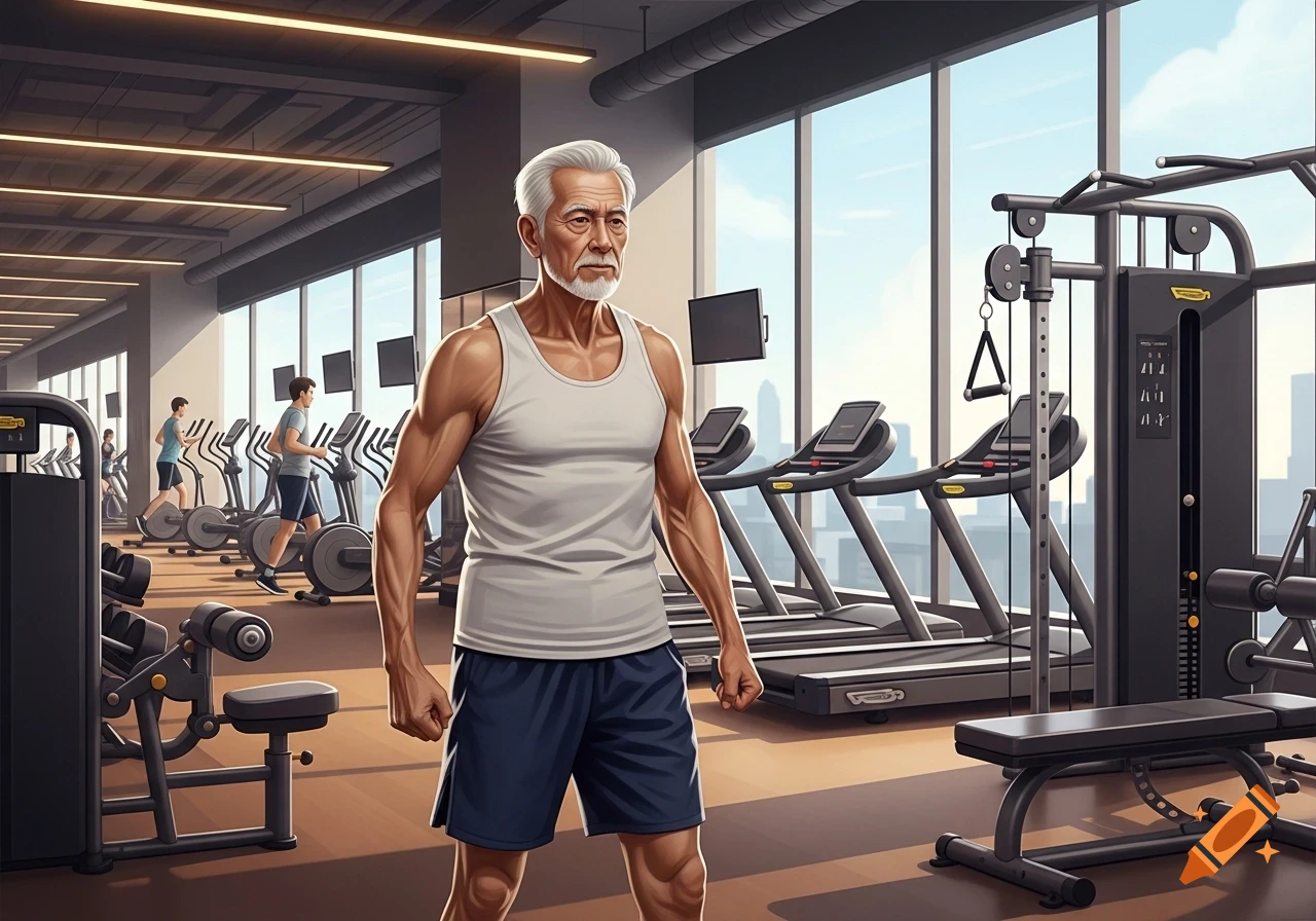 A fit elderly man with a white beard stands in a modern gym, wearing a tank top and shorts, with other people on treadmills in the background.