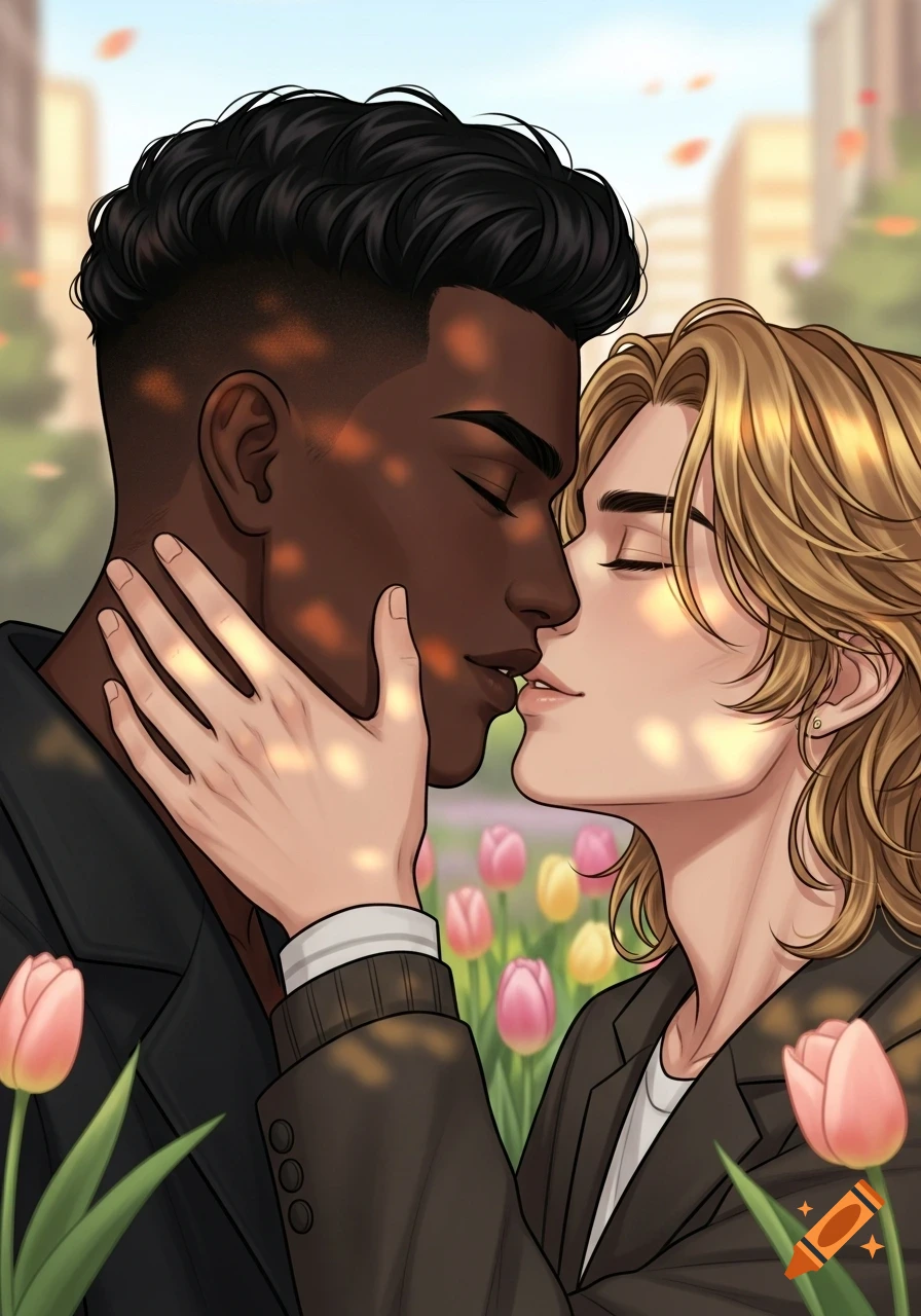 An illustrated scene of a dark-skinned man and a blonde man kissing tenderly in a sun-dappled garden with tulips.