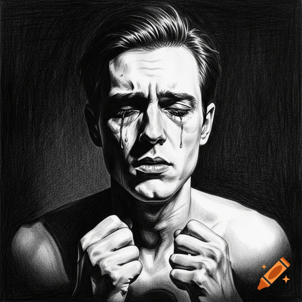A black and white sketch of a man with closed eyes and tears, clenching his fists, on a dark background.