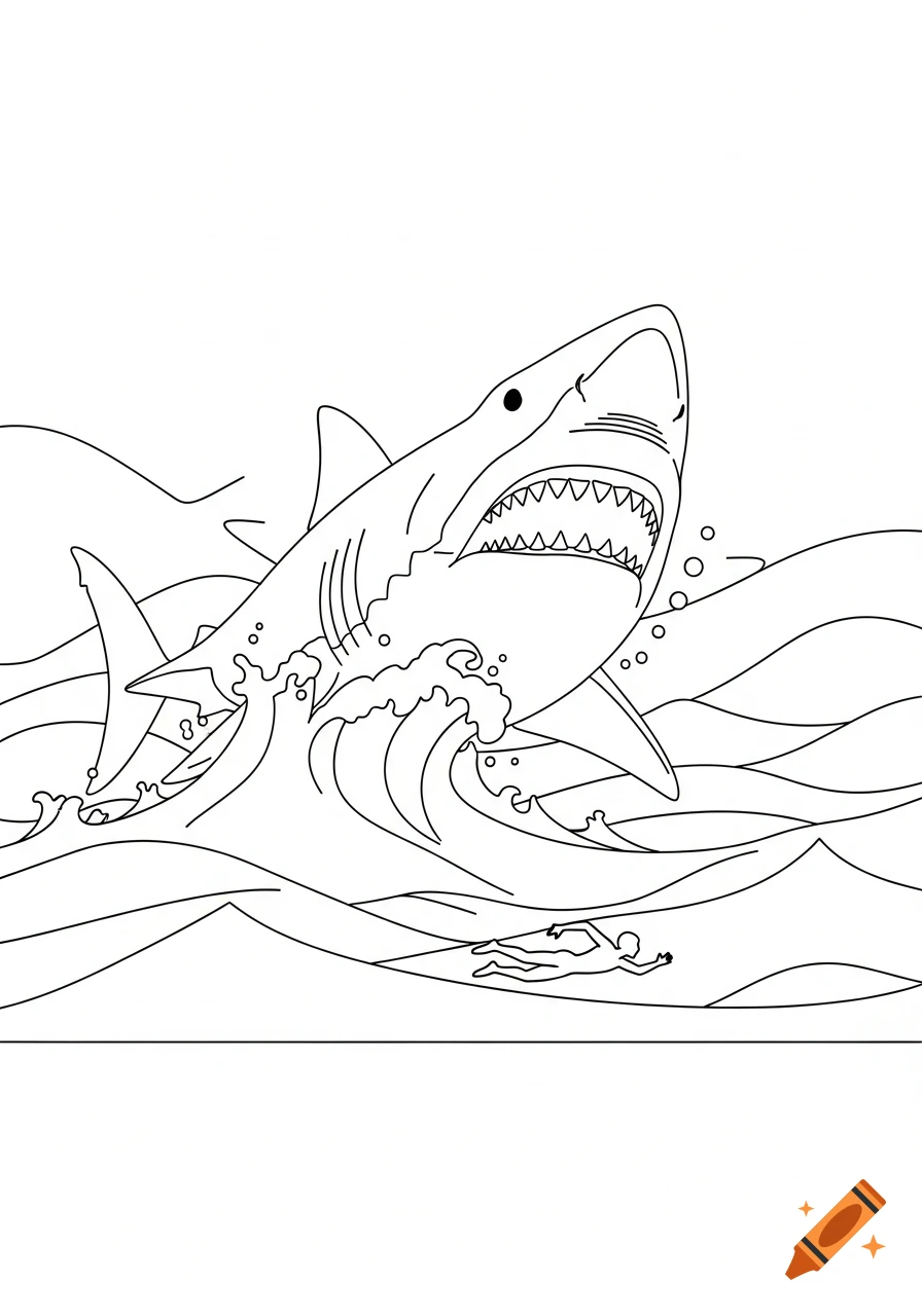 Line art of a shark jumping from waves with a swimmer nearby, in a coloring book style.