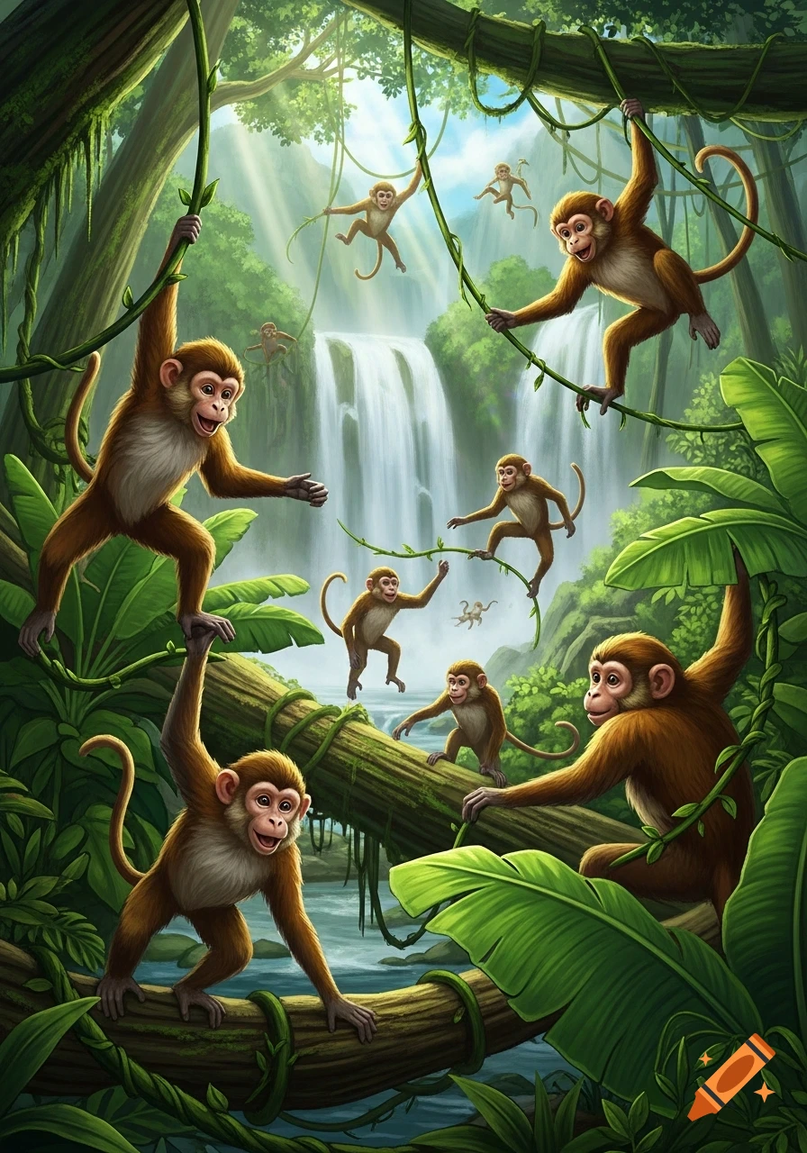 Vibrant digital illustration of several playful monkeys swinging and climbing on vines and logs in a lush jungle with a waterfall.