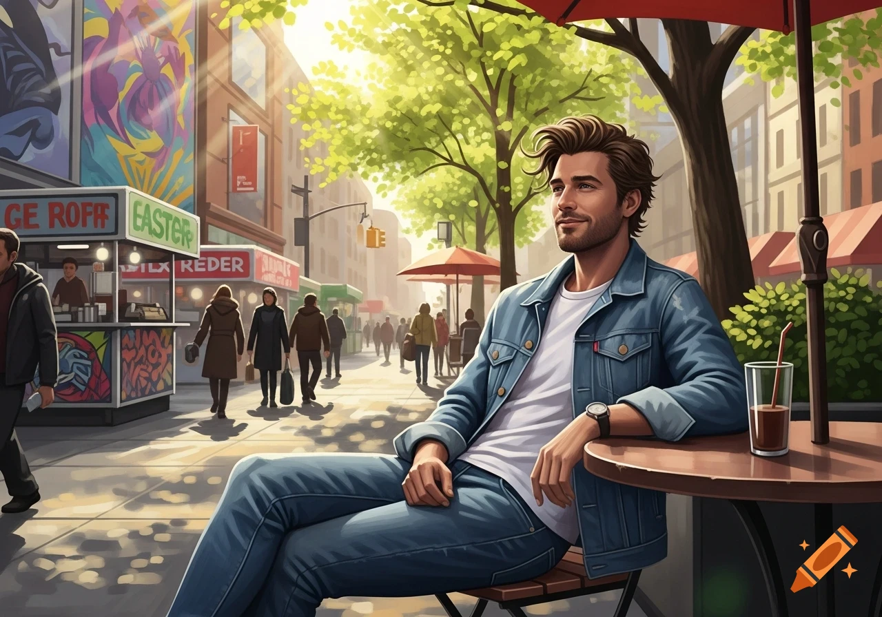 Illustrative image of a man in a denim jacket sitting at an outdoor cafe table on a sunny city street.